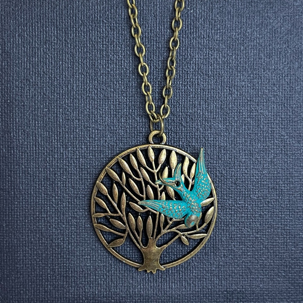 Bronze tone Tree with Teal Bird Pendant Necklace 20” chain